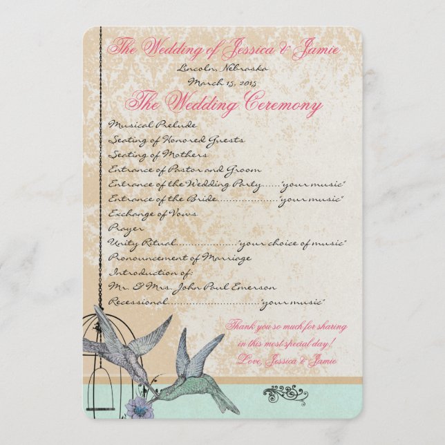 Whimsical Vintage Fågelbur Bröllopsprogram Program (Framsida)