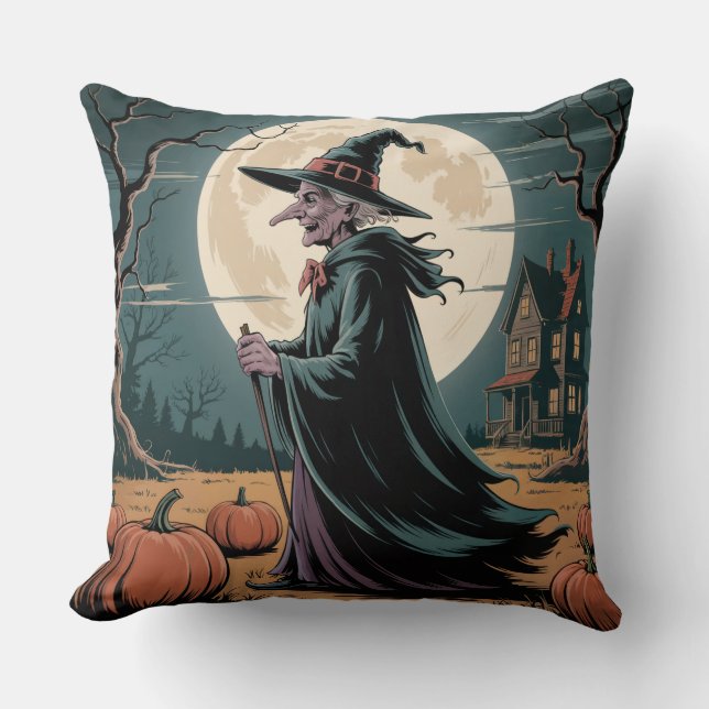 Whimsical Vintage Halloween Witch, Halloween Witch Kudde (Framsida)