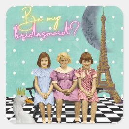 Whimsical Vintage Kids Bridesmaid-begäran Fyrkantigt Klistermärke
