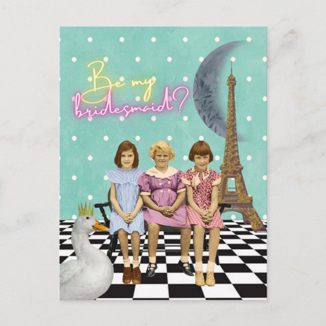 Whimsical Vintage Kids Bridesmaid-begäran Vykort (Framsida)
