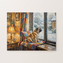 Whimsical Vinter Fönsterplats Mops Illustration Pussel