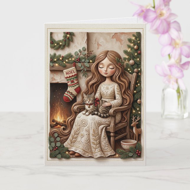 Whimsical Vinter Katt Jungfrun Fantasy Art Kort (Orkide)