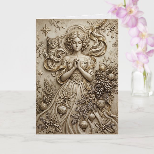 Whimsical Vinter Katt Jungfrun Fantasy Art Kort (Orkide)