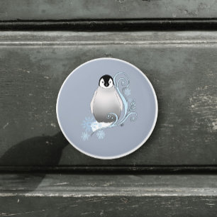 Whimsical Vinter Pingvin Art Nouveau Snöflingor Knopp