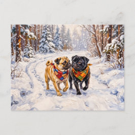 Whimsical Vinter Skog Mops Hund Illustration Helg Vykort