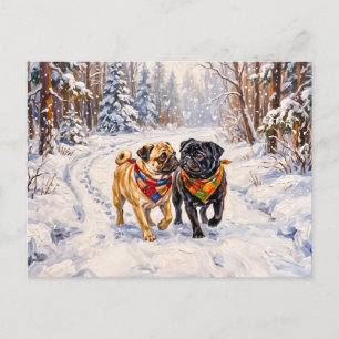Whimsical Vinter Skog Mops Hund Illustration Helg Vykort
