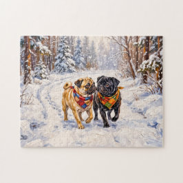 Whimsical Vinter Skog Mops Hund Illustration Pussel