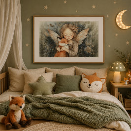 Whimsical Vinter Skogs Fågel & Räv Nursery Konst Poster