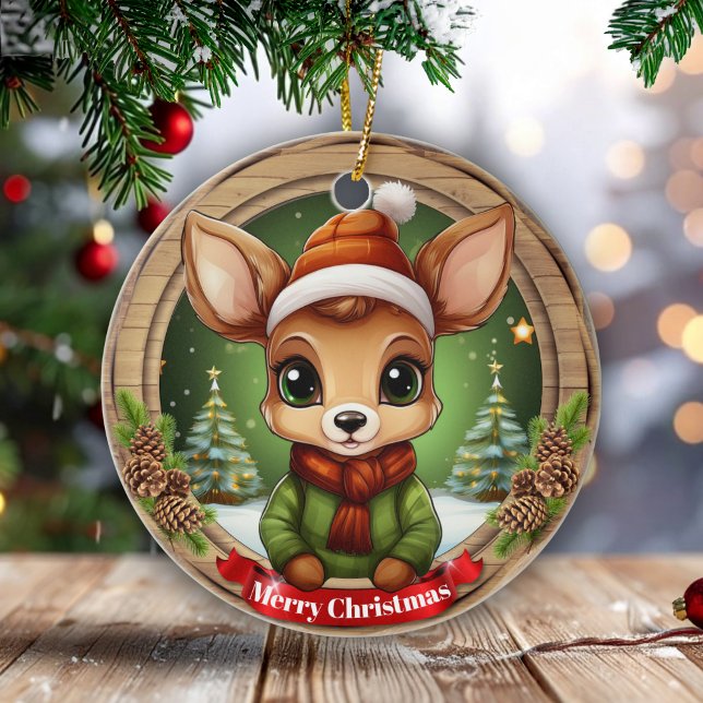 Whimsical Vinter Värld Vildmark Vilda Djur 🦌🎄 Julgransprydnad Keramik (Custom Whimsical Winter Wonderland Woodland Wildlife Xmas Deer Character Decor Ceramic Ornament 🦌🎄)