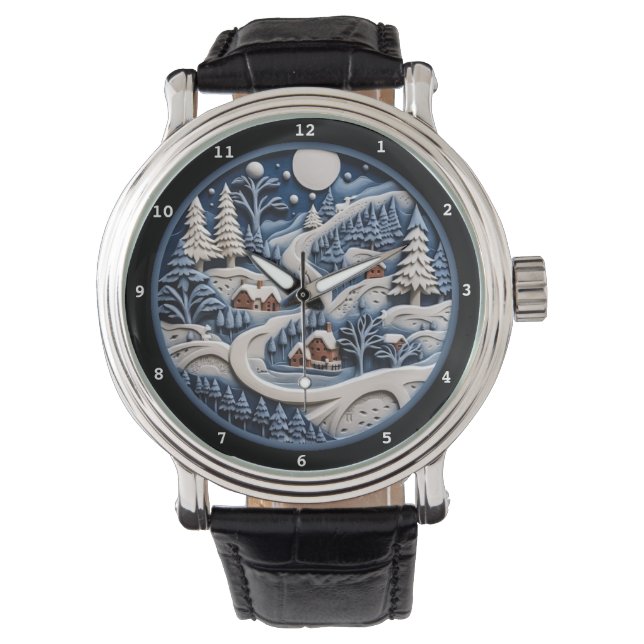 Whimsical Vinterby Under Stjärnhimmel Armbandsur (Framsida)