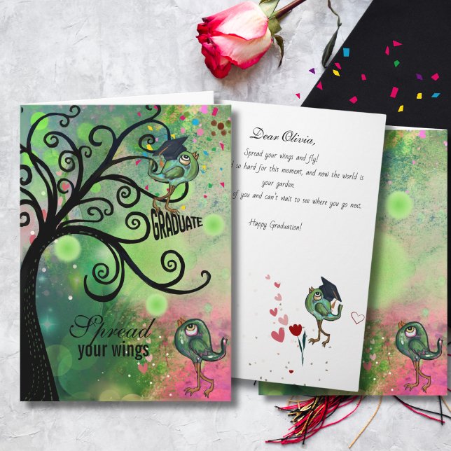 Whimsical Virvel Träd Examen Kort med Fåglar (Whimsical Swirl Tree Graduation Card with Birds)