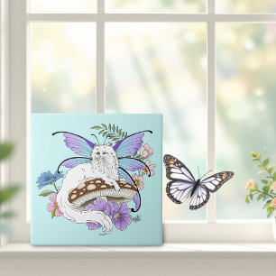 Whimsical Vit Fäcat Blå Svamp Fantasi Kakelplatta