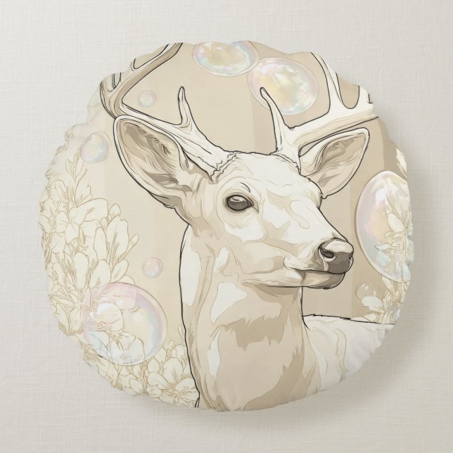 Whimsical Vit Hjort och Bubblor Fantasy Rund Acc Kudde (Framsidan)