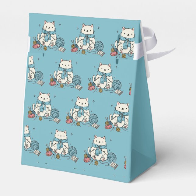 Whimsical Vit Katt Stickning Hobby Grafisk Design Presentaskar (Baksidan Sidan)
