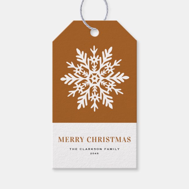 Whimsical Vit Snöflinga Bränd Orange Jul Presentetikett (Framsidan)