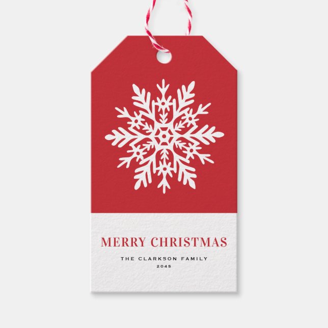 Whimsical Vit Snöflinga Röd Jul Presentetikett (Framsidan)