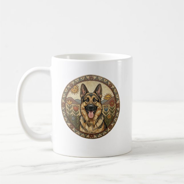 Whimsical Watchdog: German Shepherd Naive Art Kaffemugg (Vänster)
