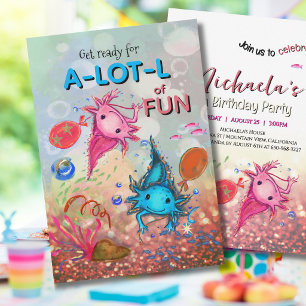 Whimsical Watercolor  Axolotl Flicka Födelsedag  Inbjudningar
