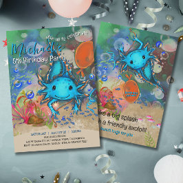 Whimsical Watercolor Blå Axolotl Pojkars Födelseda Inbjudningar