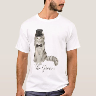 Whimsical Watercolor Blommig Brudgum Katt T Shirt