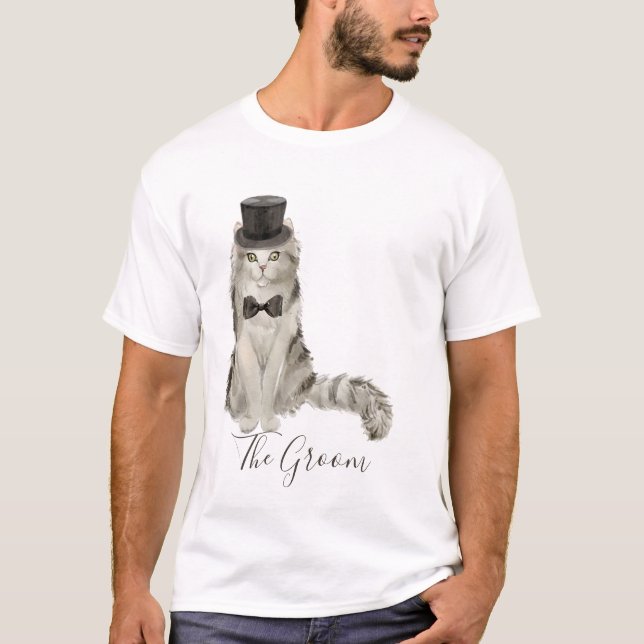 Whimsical Watercolor Blommig Brudgumma Katt T Shirt (Framsida)
