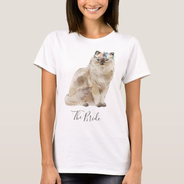 Whimsical Watercolor Blommig Brudkatt T Shirt (Framsida)