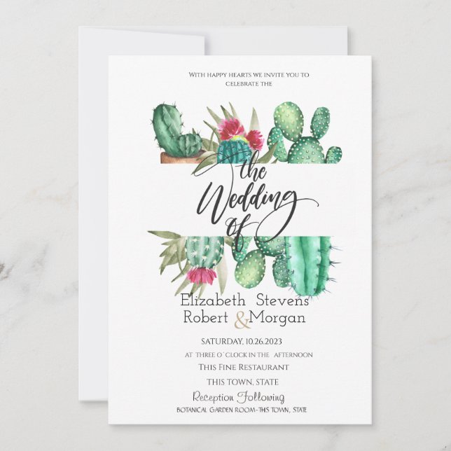Whimsical Watercolor Cactus Wedding bjudande Inbjudningar (Framsida)