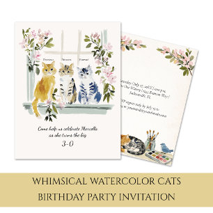 Whimsical Watercolor Cats Födelsedagsfest   Inbjudningar