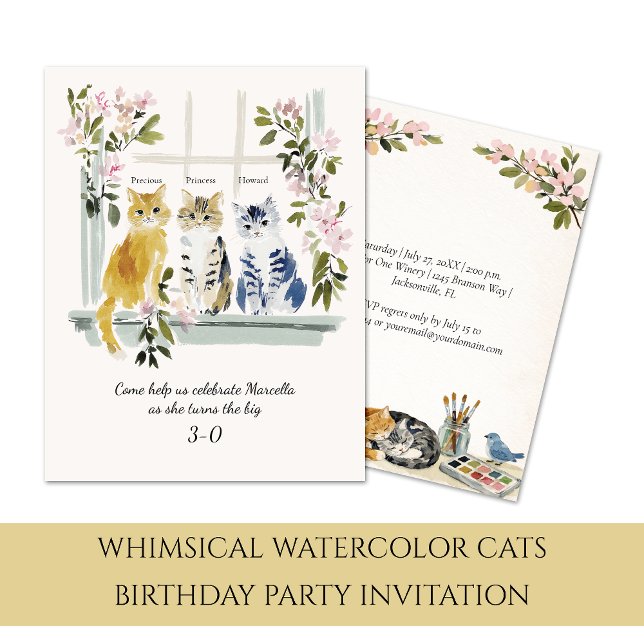 Whimsical Watercolor Cats Födelsedagsfest | Inbjudningar (Skapare uppladdad)