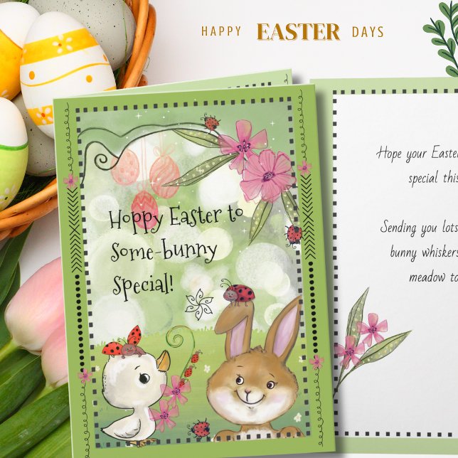 Whimsical Watercolor Easter Bunny & Chick Meadow Helgkort (Whimsical Watercolor Easter Bunny & Chick Meadow Holiday Card)