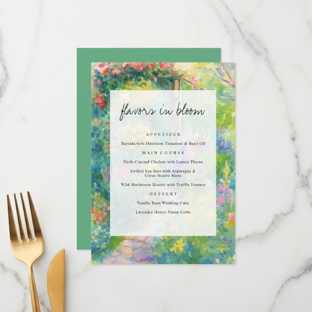 Whimsical Watercolor Garden Themed Wedding Meny (Fram/Back In Situ)