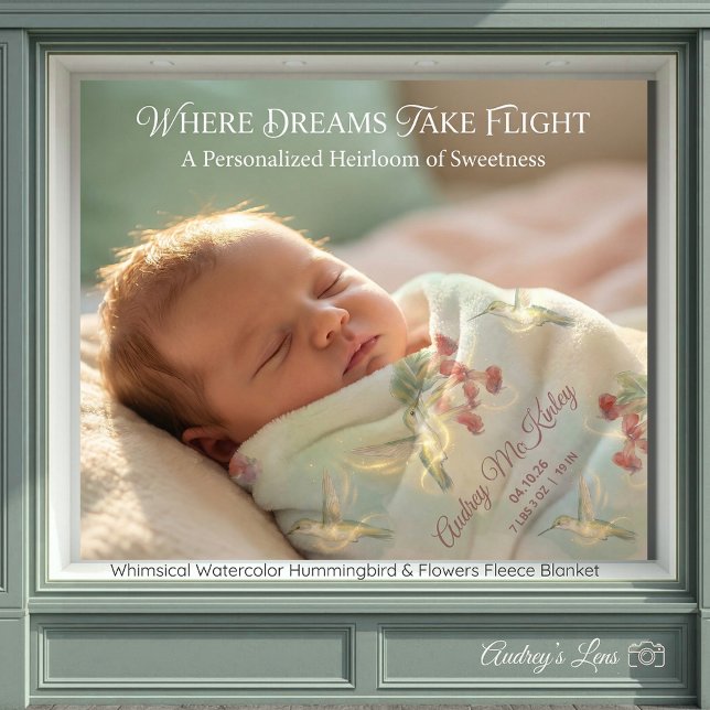 Whimsical Watercolor Hummingbird & Flowers  Fleecefilt (Whimsical Watercolor Hummingbird & Flowers Fleece Blanket)