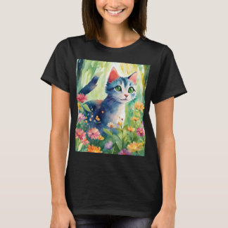 Whimsical Watercolor Katt i Blommig Trädgård | Söt T Shirt