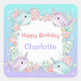 Whimsical Watercolor Narwhal fish  Unicorn of the  Fyrkantigt Klistermärke