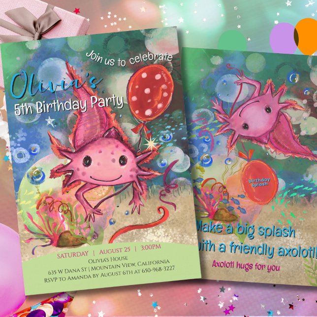 Whimsical Watercolor Rosa Axolotl Söt Barn Inbjudningar (Whimsical Watercolor Pink Axolotl Cute Kids Invitation)