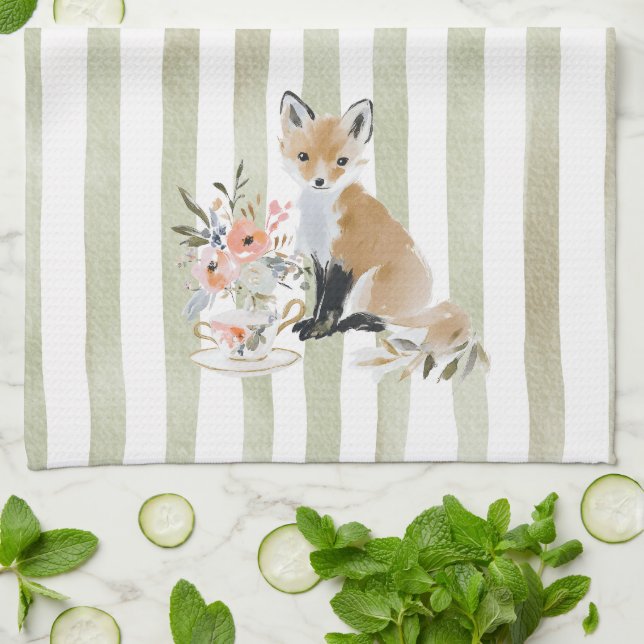  Whimsical Watercolor Tea Time Fox Kitchen Towels Kökshandduk (Vikta)