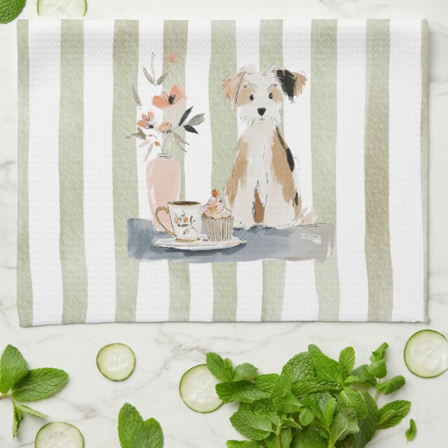 Whimsical Watercolor Tekidsgarn Med Hund Köks Hand Kökshandduk (Vikta)