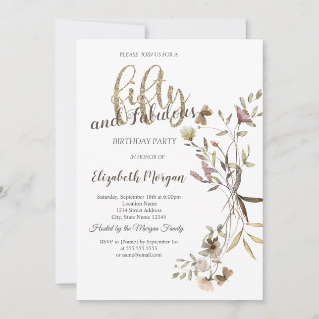 Whimsical Watercolor Wildblomma 50:e födelsedagen Inbjudningar (Framsida)