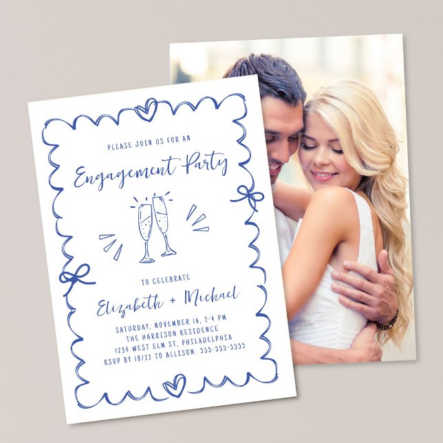 Whimsical Wavy Frame Blue Photo Engagement Party Inbjudningar (Skapare uppladdad)