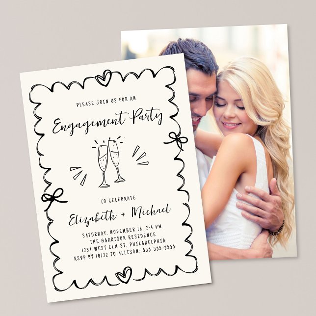 Whimsical Wavy Frame Cream Photo Engagement Party Inbjudningar (Skapare uppladdad)