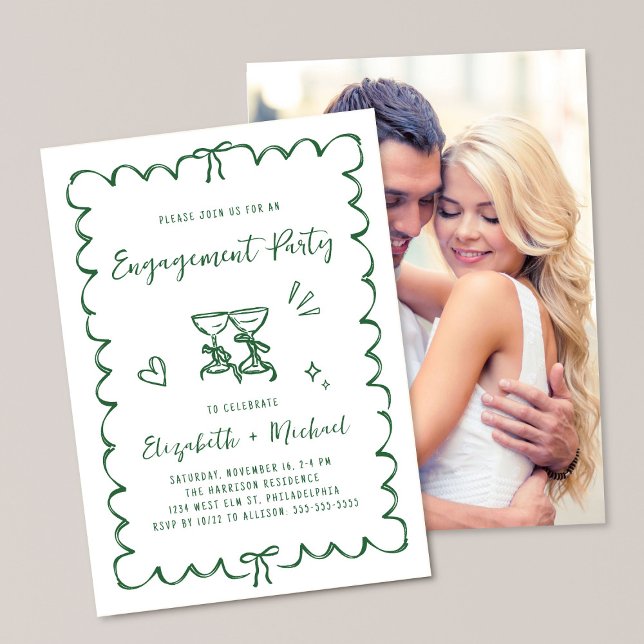 Whimsical Wavy Frame Photo Green Engagement Party Inbjudningar (Skapare uppladdad)