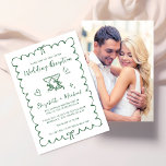 Whimsical Wavy Frame Photo Wedding Reception Spara Datumet<br><div class="desc">Romantic wedding reception save the date featuring a green wavy frame adorned with coquette bows,  whimsical hand drawn illustrations of a heart,  stars and wine glasses,  and "Wedding Reception" and the names of the bride and groom in a playful green script. Your photo fills the back of the announcement.</div>