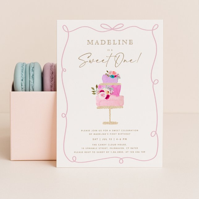 Whimsical Wavy Frame Pink Cake First Birthday  Inbjudningar (Skapare uppladdad)