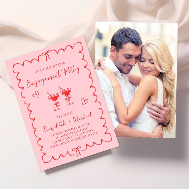 Whimsical Wavy Frame Pink Photo Engagement Party Inbjudningar (Skapare uppladdad)