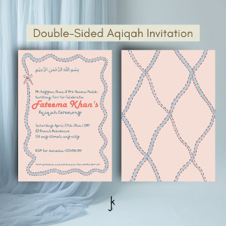 Whimsical wavy of Blush Pink and Soft Blue Aqiqah Inbjudningar