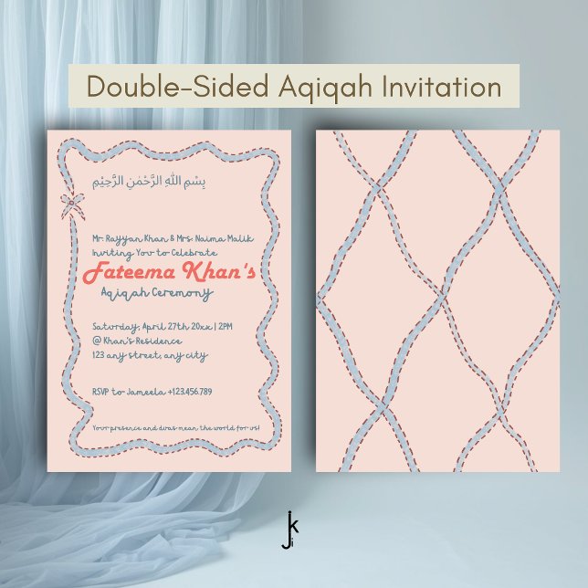 Whimsical wavy of Blush Pink and Soft Blue Aqiqah Inbjudningar (Skapare uppladdad)