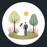 Whimsical Wedding Couple Sticker Runt Klistermärke<br><div class="desc">Delightful illustration of a bride and groom standing under patterned trees,  perfect for wedding-themed decor. Add a touch of charm to your planner,  journal,  or gifts with this romantic sticker.</div>