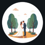 Whimsical Wedding Couple Sticker Runt Klistermärke<br><div class="desc">A charming illustration of a bride and groom holding hands,  set in a serene outdoor scene with trees and a dreamy sky,  perfect for wedding decorations.</div>