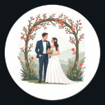Whimsical Wedding Emblem Sticker Runt Klistermärke<br><div class="desc">Delight your messages and gifts with this charming illustration of a joyful couple under a floral arch,  perfect for wedding celebrations!</div>