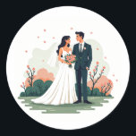 Whimsical Wedding Stickers Runt Klistermärke<br><div class="desc">These charming stickers feature an illustration of a bride and groom standing together amidst blooming flowers,  perfect for decorating wedding invitations,  gifts,  and albums.</div>